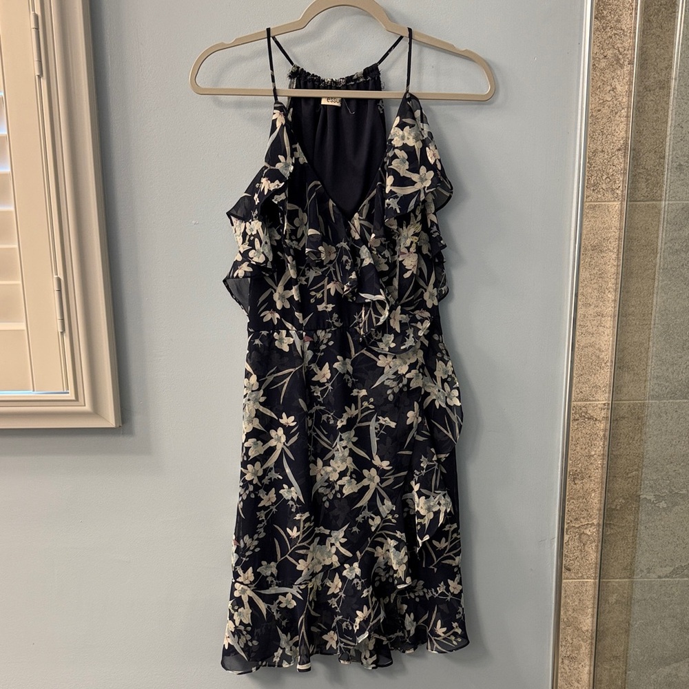Floral Ruffle Dress - Navy Blue and Cream